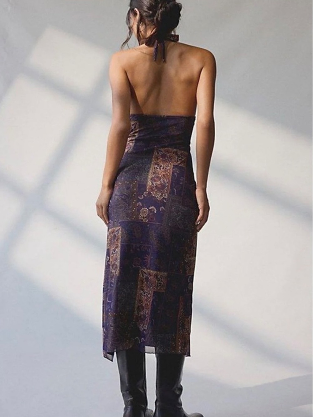 UO Deep Plunge Halter Ruched Mesh Midi Dress - Picture 4 of 4